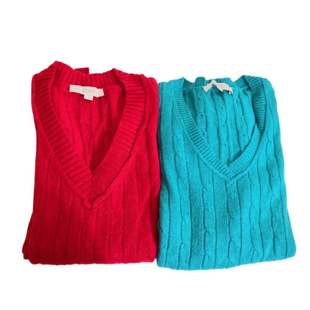 Bundle of 2 LOFT Wool Angora Blend Cable Knit Sweater V Neck True Size M